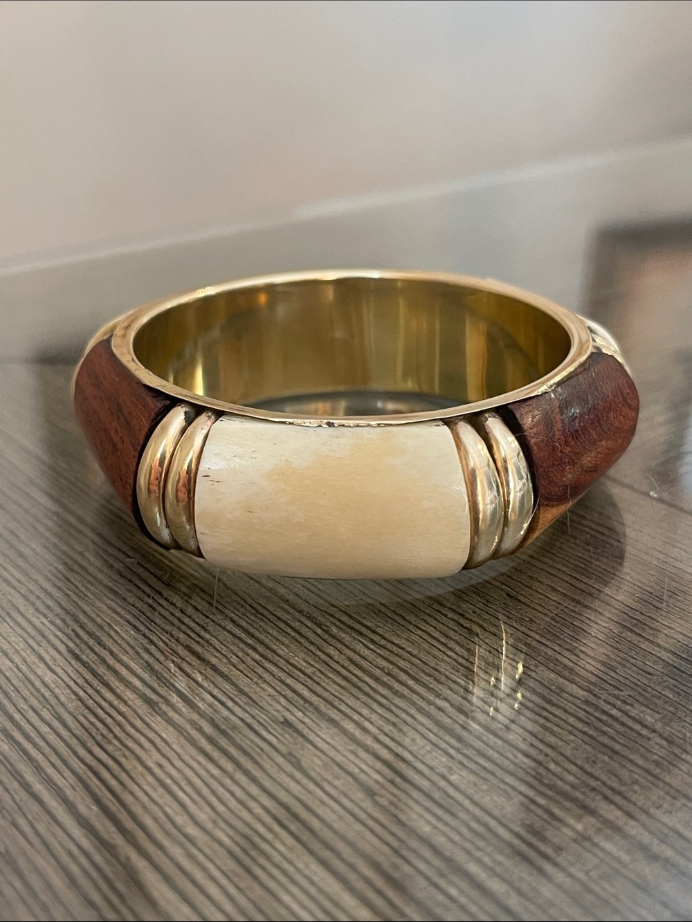 Vintage Chunky Brass, Wood & Bone Bangle Bracelet 8 1/8” approx